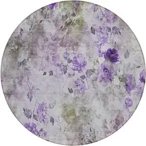 Photo of 8' Purple Lavender And Artichoke Green Round Floral Washable Indoor Outdoor Area Rug