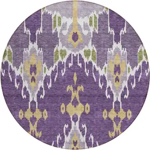 Photo of 8' Purple Lavender And Gold Round Ikat Washable Indoor Outdoor Area Rug