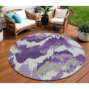 Photo of 8' Purple Lavender And Gray Round Abstract Washable Indoor Outdoor Area Rug