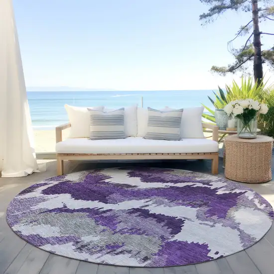 8' Purple Lavender And Gray Round Abstract Washable Indoor Outdoor Area Rug Photo 7