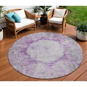 Photo of 8' Purple Lavender And Gray Round Oriental Washable Indoor Outdoor Area Rug