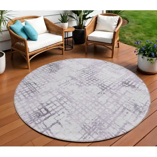 8' Purple Lavender And Silver Round Geometric Washable Indoor Outdoor Area Rug Photo 1