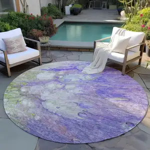 Photo of 8' Purple Lilac And Artichoke Green Round Abstract Washable Indoor Outdoor Area Rug