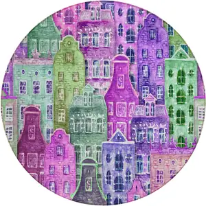 Photo of 8' Purple Lilac And Green Round Village Houses Washable Indoor Outdoor Area Rug