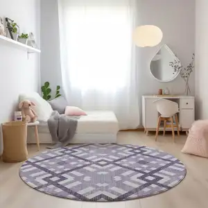 Photo of 8' Purple Lilac And Ivory Round Geometric Washable Indoor Outdoor Area Rug