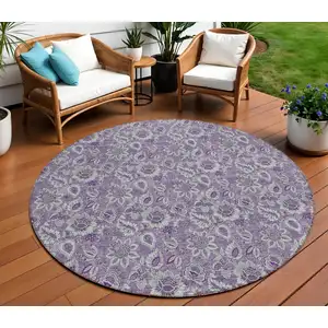 Photo of 8' Purple Lilac And Lavender Round Floral Washable Indoor Outdoor Area Rug