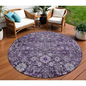 Photo of 8' Purple Lilac And Lavender Round Oriental Washable Indoor Outdoor Area Rug