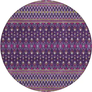 Photo of 8' Purple Pink And Yellow Round Tribal Washable Indoor Outdoor Area Rug