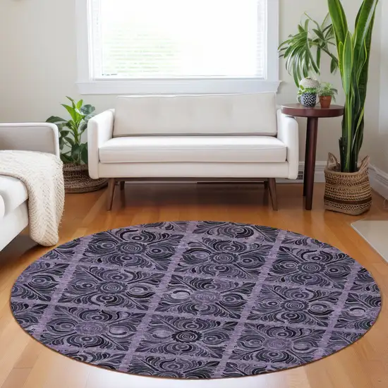 8' Purple Plum And Charcoal Round Medallion Washable Indoor Outdoor Area Rug Photo 9