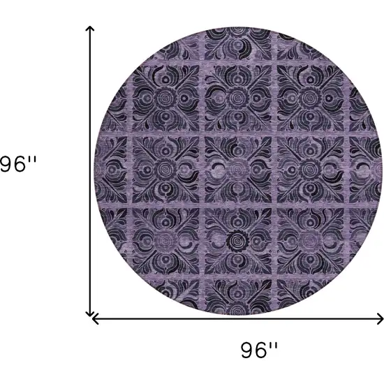 8' Purple Plum And Charcoal Round Medallion Washable Indoor Outdoor Area Rug Photo 3