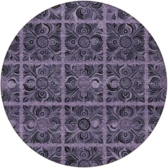 8' Purple Plum And Charcoal Round Medallion Washable Indoor Outdoor Area Rug Photo 7