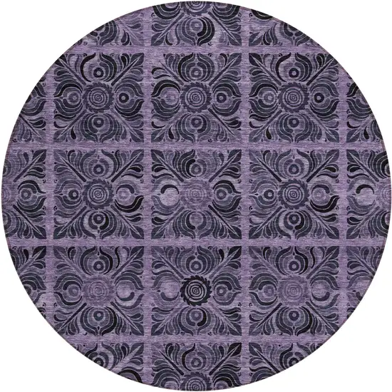 8' Purple Plum And Charcoal Round Medallion Washable Indoor Outdoor Area Rug Photo 2