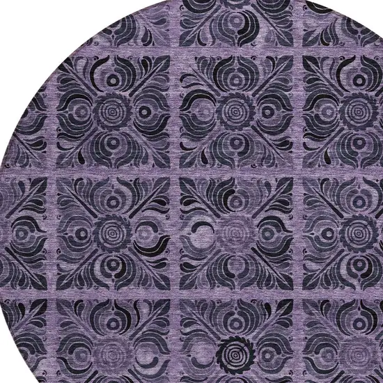 8' Purple Plum And Charcoal Round Medallion Washable Indoor Outdoor Area Rug Photo 6