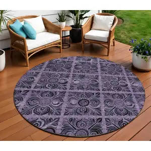 Photo of 8' Purple Plum And Charcoal Round Medallion Washable Indoor Outdoor Area Rug