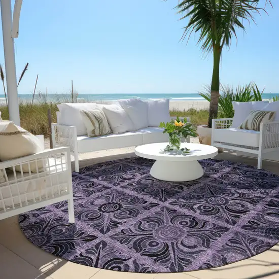 8' Purple Plum And Charcoal Round Medallion Washable Indoor Outdoor Area Rug Photo 8