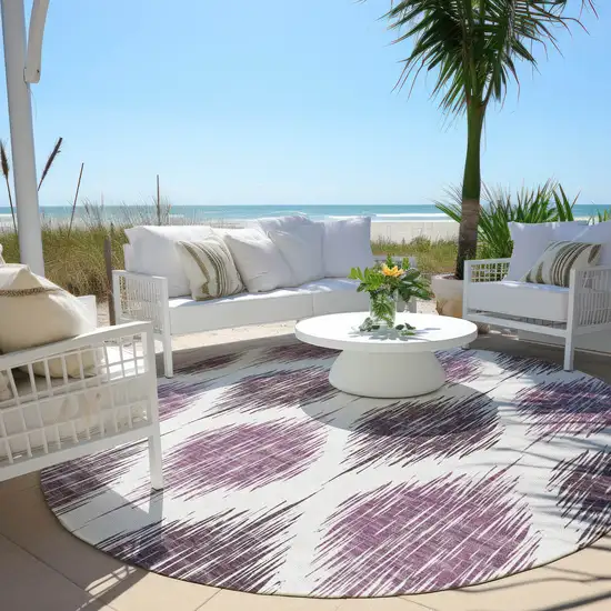 8' Purple Plum And Ivory Round Ikat Washable Indoor Outdoor Area Rug Photo 7