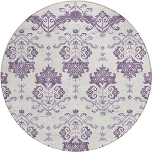 Photo of 8' Purple Silver And Lilac Round Oriental Washable Indoor Outdoor Area Rug