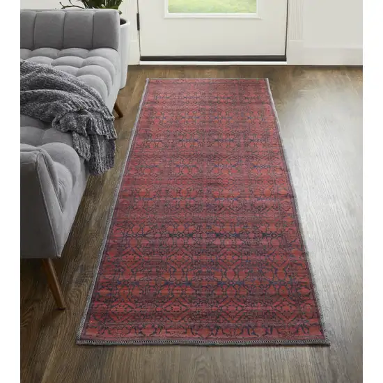 8' Red And Black Floral Power Loom Runner Rug Photo 2