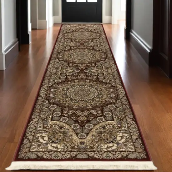 10' Red And Gold Medallion Runner Rug With Fringe Photo 1