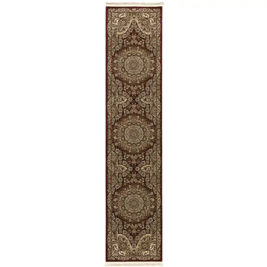 10' Red And Gold Medallion Runner Rug With Fringe Photo 2