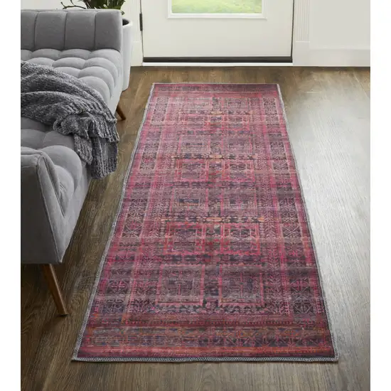 8' Red And Gray Geometric Power Loom Runner Rug Photo 5