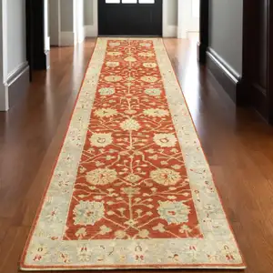 Photo of 10' Red And Gray Wool Oriental Hand Knotted Runner Rug