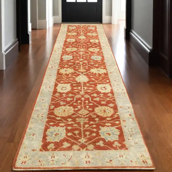 10' Red And Gray Wool Oriental Hand Knotted Runner Rug Photo 1