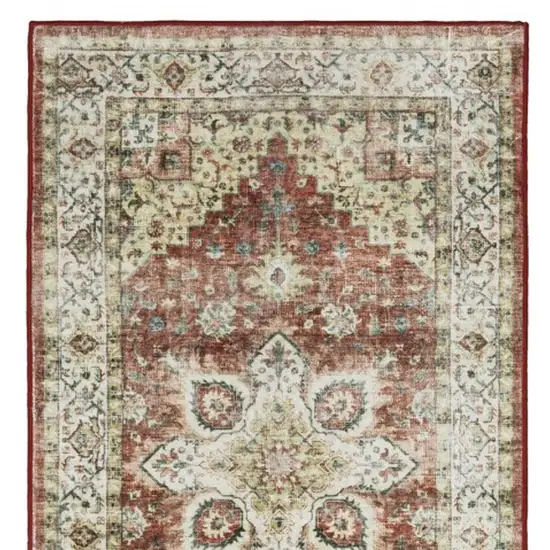 8' Red And Ivory Oriental Distressed Runner Rug Photo 5