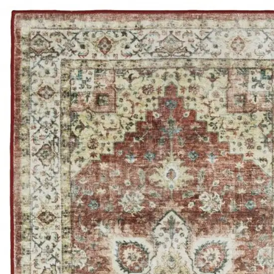 8' Red And Ivory Oriental Distressed Runner Rug Photo 8