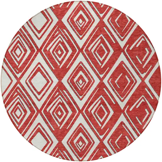 8' Red And Ivory Round Geometric Washable Indoor Outdoor Area Rug Photo 6