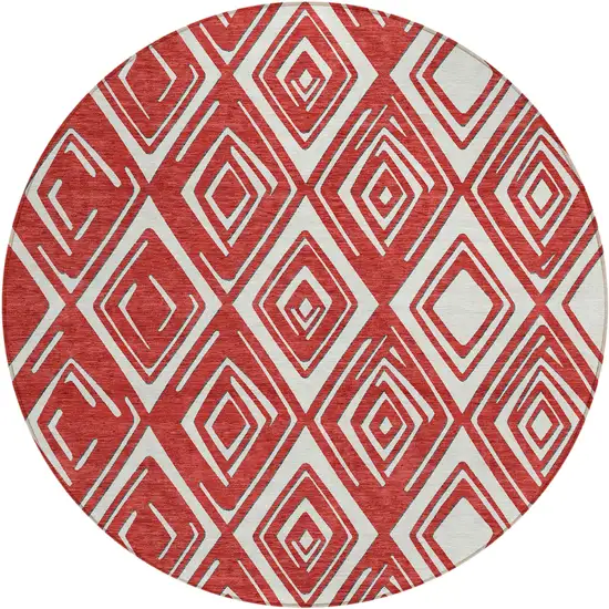 8' Red And Ivory Round Geometric Washable Indoor Outdoor Area Rug Photo 2