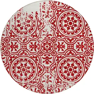 Photo of 8' Red And Ivory Round Medallion Washable Indoor Outdoor Area Rug