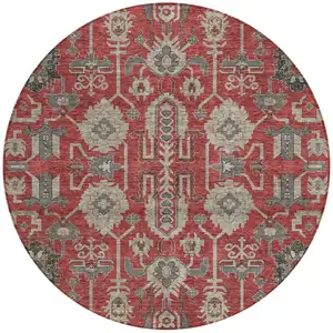 Photo of 8' Red Beige And Charcoal Round Oriental Washable Indoor Outdoor Area Rug