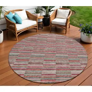 Photo of 8' Red Beige And Copper Round Striped Washable Indoor Outdoor Area Rug