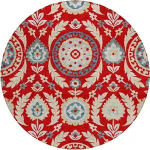 Photo of 8' Red Beige And Navy Blue Round Floral Washable Indoor Outdoor Area Rug