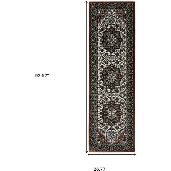 8' Red Black And White Medallion Runner Rug With Fringe Photo 3