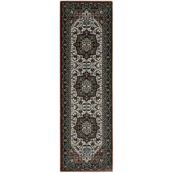 8' Red Black And White Medallion Runner Rug With Fringe Photo 4