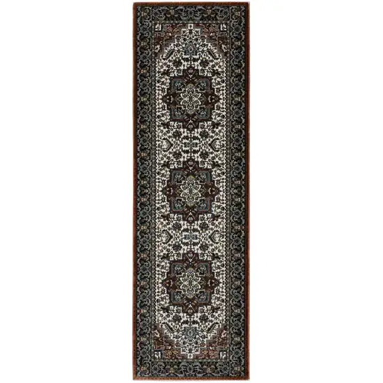 8' Red Black And White Medallion Runner Rug With Fringe Photo 2