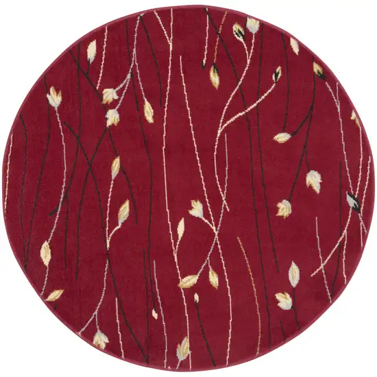 4' Red Black And Ivory Floral Vines Round Rug Photo 2