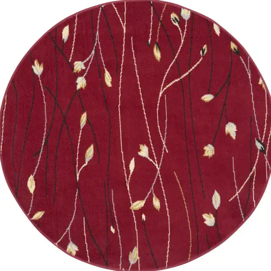 4' Red Black And Ivory Floral Vines Round Rug Photo 7