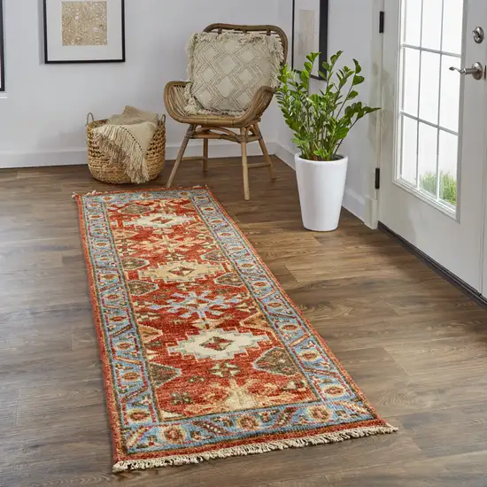 8' Red Blue And Orange Wool Floral Hand Knotted Stain Resistant Runner Rug With Fringe Photo 4