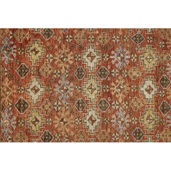 8' Red Blue And Orange Wool Floral Hand Knotted Stain Resistant Runner Rug With Fringe Photo 3