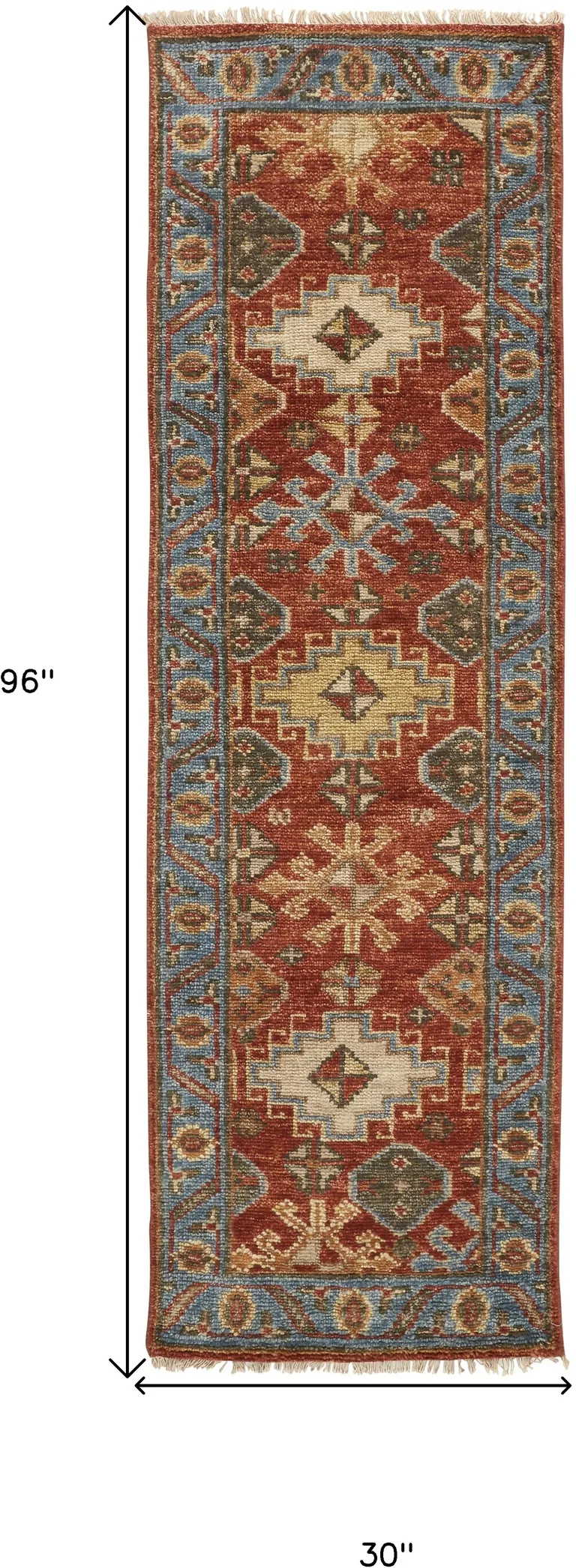 8' Red Blue And Orange Wool Floral Hand Knotted Stain Resistant Runner Rug With Fringe Photo 5