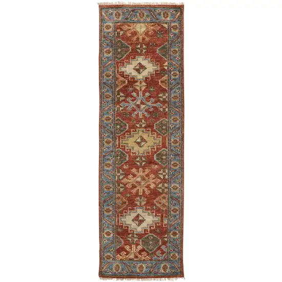 8' Red Blue And Orange Wool Floral Hand Knotted Stain Resistant Runner Rug With Fringe Photo 1