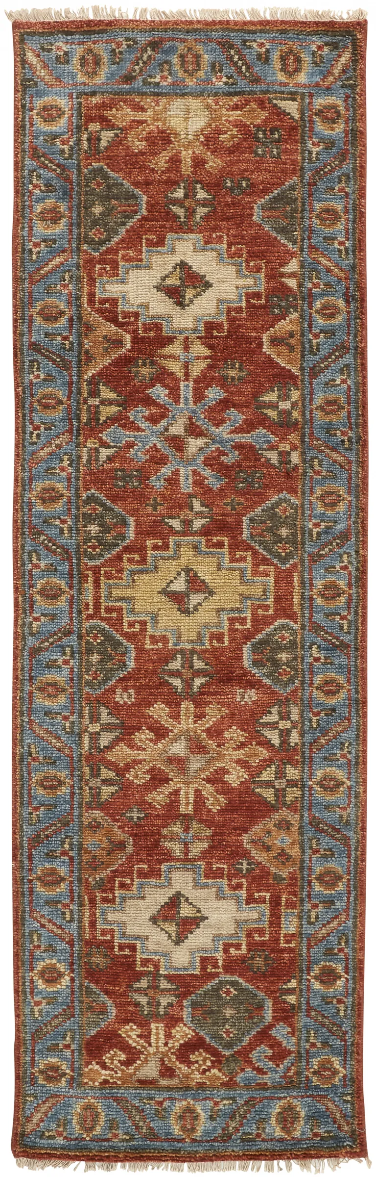 8' Red Blue And Orange Wool Floral Hand Knotted Stain Resistant Runner Rug With Fringe Photo 1