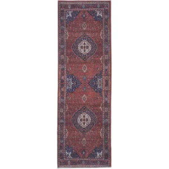 8' Red Blue And Tan Floral Power Loom Runner Rug Photo 1