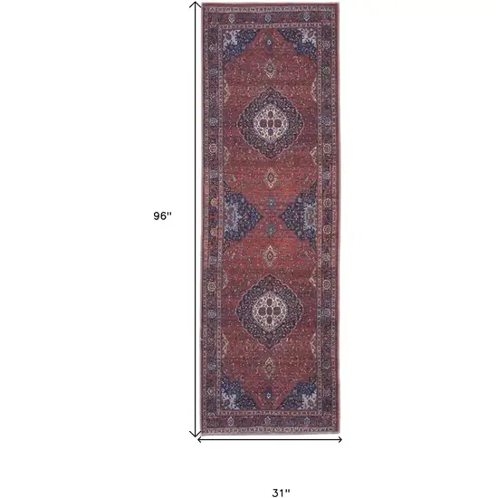 8' Red Blue And Tan Floral Power Loom Runner Rug Photo 7