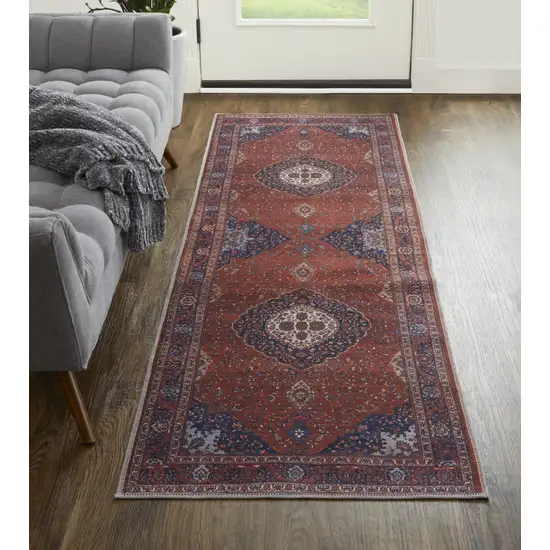 8' Red Blue And Tan Floral Power Loom Runner Rug Photo 4