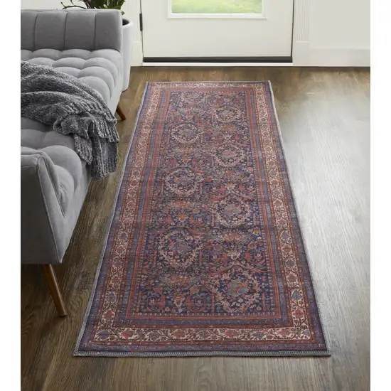 8' Red Blue And Tan Floral Power Loom Runner Rug Photo 4