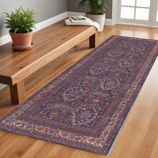 8' Red Blue And Tan Floral Power Loom Runner Rug Photo 1